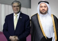 deputy prime minister and foreign minister ishaq dar l qatari minister of state for foreign affairs mohammad bin abdulaziz al khulaifi r