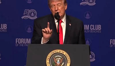us president donald trump speaks at the forum club of the palm beaches in florida about the recent interception boarding and seizure of iranian cargo ships and oil tankers by the us navy photo screengrab