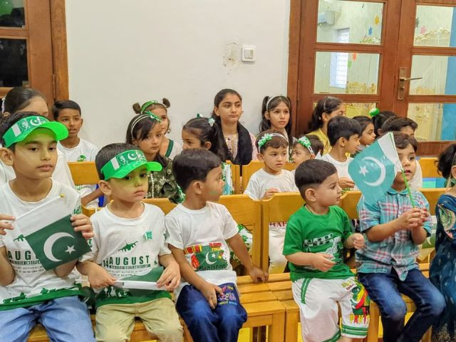 Little stars in green and white light up Independence Day at Police Lines Lahore Day Care Center on 14 August 2025. Photo: Express