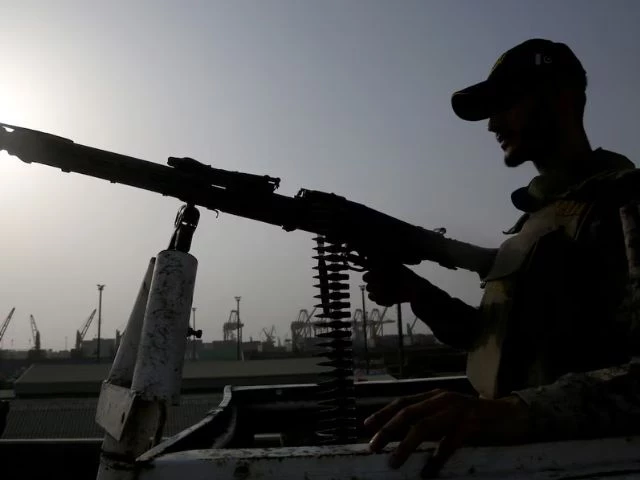 a paramilitary trooper mans a gun atop a vehicle as he keeps guard during a media tour of the karachi port pakistan may 9 2025 photo reuters a paramilitary trooper mans a gun atop a vehicle as he keeps guard during a media tour of the karachi port pakistan may 9 2025 photo reuters