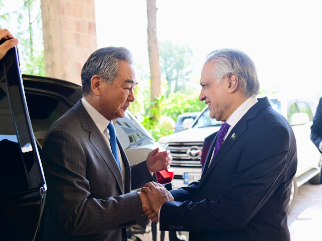 FM Ishaq Dar and Chinese FM Wang Yi in Islamabad Photo: FO X account