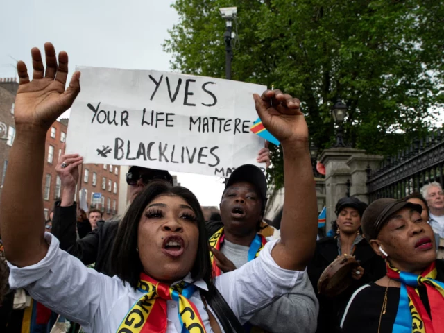 people sing during a protest following the death of yves sakila a congolese born man who died after being restrained by security guards outside a department store outside leinster house in dublin ireland may 21 2026 photo reuters people sing during a protest following the death of yves sakila a congolese born man who died after being restrained by security guards outside a department store outside leinster house in dublin ireland may 21 2026 photo reuters