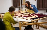 helen stevens and marg dier hand stitch the royal cypher of britain s king charles photo reuters