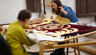 helen stevens and marg dier hand stitch the royal cypher of britain s king charles photo reuters
