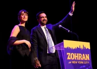 zohran mamdani waves next to his wife rama duwaji after winning the election reuters