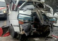 the wreckage of a passenger van after it collided with a dumper on the swat motorway in lower dir killing four people photo express