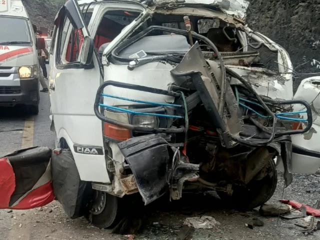 the wreckage of a passenger van after it collided with a dumper on the swat motorway in lower dir killing four people photo express the wreckage of a passenger van after it collided with a dumper on the swat motorway in lower dir killing four people photo express