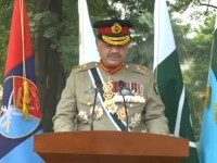 chief of defence forces field marshal asim munir speaking at a grand ceremony to commemorate the completion of one year of pakistan s landmark victory in marka e haq was held at ghq rawalpindi screengrab