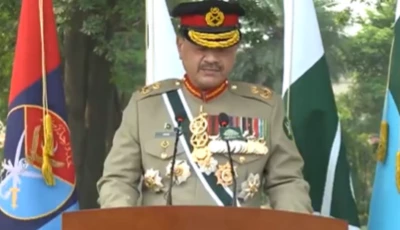 chief of defence forces field marshal asim munir speaking at a grand ceremony to commemorate the completion of one year of pakistan s landmark victory in marka e haq was held at ghq rawalpindi screengrab