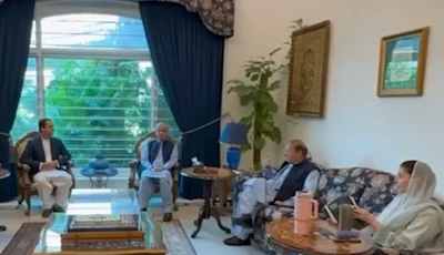 pml n president nawaz sharif prime minister shehbaz sharif and punjab chief minister maryam nawaz meet ajk prime minister iftikhar gilani and speaker tariq farooq photo x