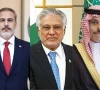 pictured above is turkish foreign minister hakan fidan l deputy prime minister and foreign minister ishaq dar c and saudi foriegn minister prince faisal bin farhan r