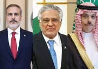 pictured above is turkish foreign minister hakan fidan l deputy prime minister and foreign minister ishaq dar c and saudi foriegn minister prince faisal bin farhan r