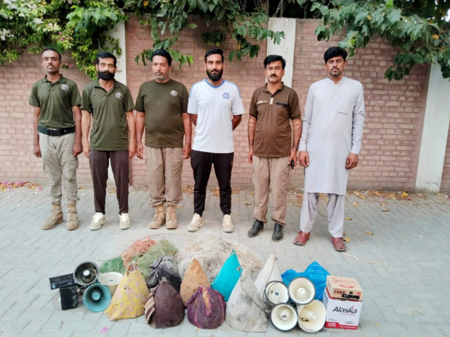 Wildlife officials display nets, loudspeakers, and other equipment recovered from illegal hunters in Punjab. Photo: Express