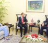 finance minister muhammad aurangzeb during a meeting with uk parliamentary under secretary of state for the middle east north africa afghanistan and pakistan menap hamish falconer and british high commissioner jane marriott along with senior officials from both sides at the finance division photo x