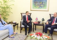 finance minister muhammad aurangzeb during a meeting with uk parliamentary under secretary of state for the middle east north africa afghanistan and pakistan menap hamish falconer and british high commissioner jane marriott along with senior officials from both sides at the finance division photo x