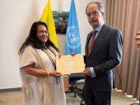 ambassador asim iftikhar hands over a letter by the deputy prime minister ishaq dar to president of the un security council for june 2026 and permanent representative of colombia to the un ambassador leonor zalabata torres concerning india s continued illegal actions and violations of the indus waters treaty iwt photo x