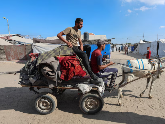 Displaced Palestinian man Mohammed al-Sherif sits atop his belongings as he rides a donkey cart to return to Gaza City after he did not find a place to shelter at Mawasi area, designated by Israel as a humanitarian zone, where aid agencies say basic services are inadequate for the large number of people living there, in Khan Younis in the southern Gaza Strip September 10, 2025. Photo: Reuters
