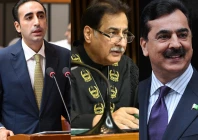 pakistan peoples party chairman bilawal bhutto zardari l national assembly speaker ayaz sadiq c senate chairman yousaf raza gilani r