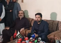 khyber pakhtunkhwa chief minister sohail afridi speaking at a press conference alonsgide former k p cm ali amin gandapur in dera ismail khan on sunday photo express