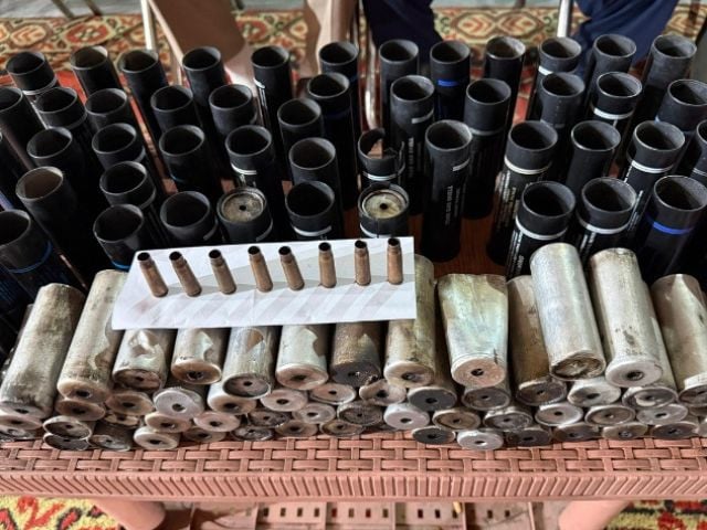 Tear gas shells collected by protesters used by law enforcement agencies, Sost Dry Port. August 2025. Saleem Rumi