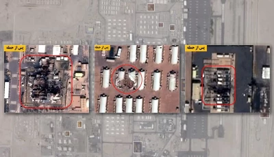 images of damage to camp buehring in kuwait released and annotated by iranian state affiliated media washington post illustration center row iranian state affiliated media background planet with post annotation