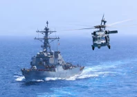 uss donald cook ddg 75 transits the arabian sea while an mh 60s sea hawk flies nearby on july 19 2026 photo us central command uss donald cook ddg 75 transits the arabian sea while an mh 60s sea hawk flies nearby on july 19 2026 photo us central command