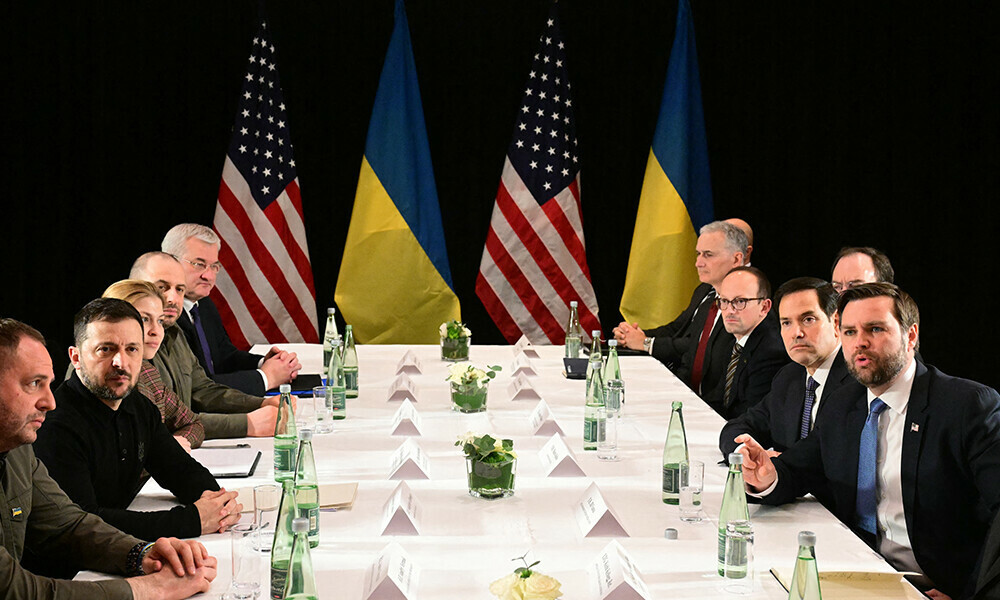 us vice president jd vance r us secretary of state marco rubio 2nd r and ukrainian president volodymyr zelensky 2nd l meet on the sidelines of the 61st munich security conference msc in munich southern germany on february 14 2025 photo afp