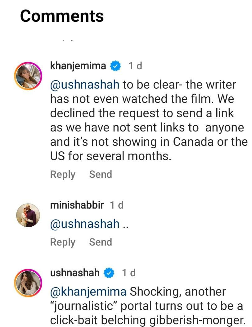 Ushna defends Jemima after claims about her film emerge