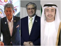 foreign minister of malaysia dato seri mohamad haji hasan l foreign minister ishaq dar c and minister of foreign affairs of the uae abdullah bin zayed al nahyan photos file