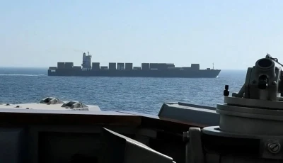 a view of iranian flagged cargo ship m v touska as the us navy arleigh burke class aegis guided missile destroyer uss spruance conducts its interception in a location given as the north arabian seaon april 19 2026 photo reuters