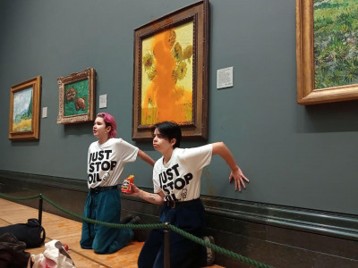 environmental activists throw soup over van gogh s iconic sunflowers painting