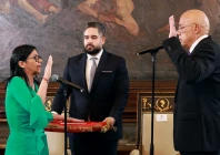 this handout picture released by the miraflores palace press office shows venezuela s vice president delcy rodriguez l taking an oath as venezuela s interim president in front of venezuela s national assembly president jorge rodriguez r and deputy nicolas maduro guerra c during a session of the national assembly in caracas on january 5 2026 photo afp