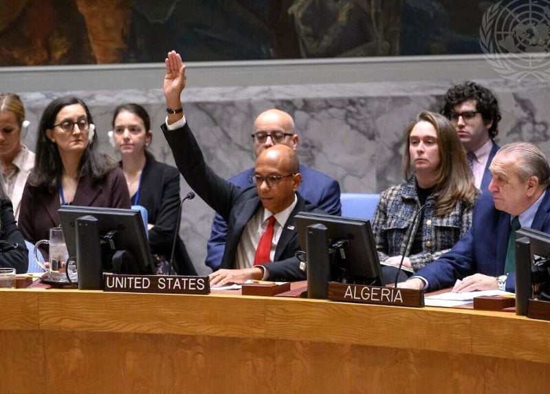 us alternate ambassador to the un robert wood raises his hand to veto a resolution calling for a ceasefire in gaza at un headquarters in new york city on 20 november 2024 photo afp