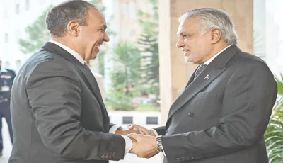 foreign minister ishaq dar greets his egyptian counterpart badr abdelatty upon arrival at the foreign ministry in islamabad photo afp