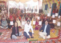 world bank group president ajay banga mrs banga and cm murad ali shah pose for a photograph with flood affected women displaying land titles for their newly reconstructed houses in bahwal jat village photo express