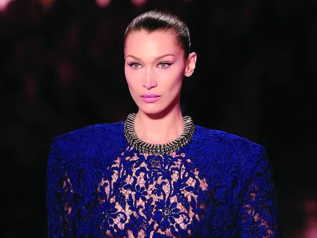 bella hadid paraded a blue lace dress photo file bella hadid paraded a blue lace dress photo file