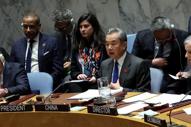 china s foreign minister wang yi speaks during a meeting of the united nations security council at the un headquarters in new york city us on february 18 2025 photo reuters