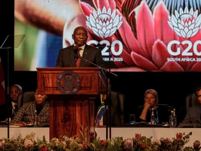 south african president cyril ramaphosa addresses the g20 meeting in johannesburg south africa on february 20 2025 photo afp south african president cyril ramaphosa addresses the g20 meeting in johannesburg south africa on february 20 2025 photo afp