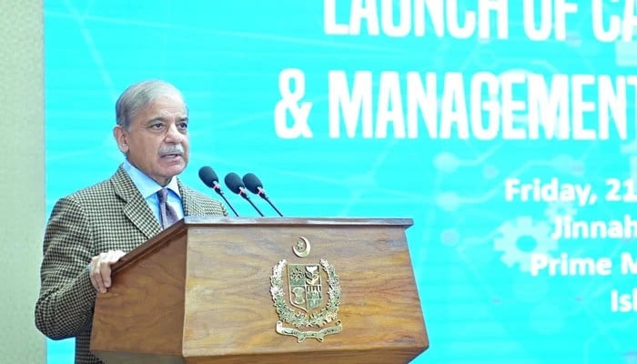 prime minister shehbaz sharif addresses the launching ceremony of the case assignment and management system in islamabad on february 21 2025 courtesy pid