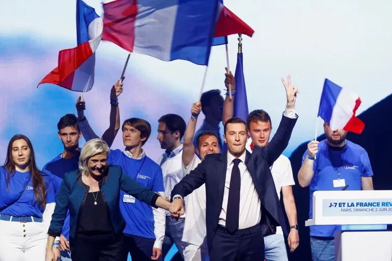 marine le pen president of the french far right national rally party parliamentary group and jordan bardella president of the french far right national rally party and head of the rn list for the european elections attend a political rally during the party s campaign for the eu elections in paris france june 2 2024 photo reuters marine le pen president of the french far right national rally party parliamentary group and jordan bardella president of the french far right national rally party and head of the rn list for the european elections attend a political rally during the party s campaign for the eu elections in paris france june 2 2024 photo reuters