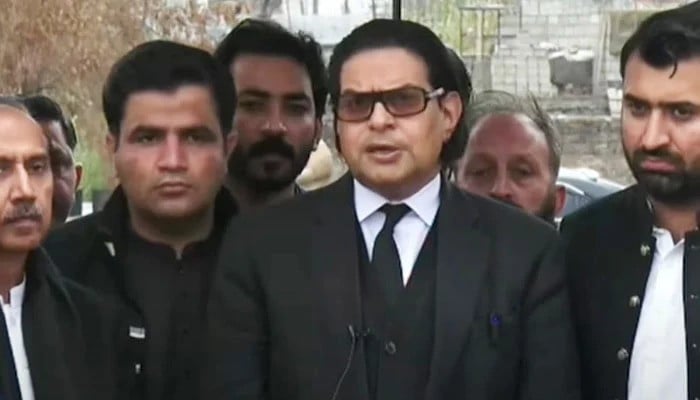 pakistan tehreek e insaf secretary general salman akram raja speaks to journalists outside adiala jail in rawalpindi on february 25 2025 screengrab