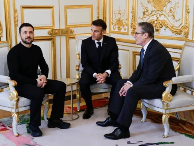 zelenskyy macron and starmer speak at the trilateral meeting on the sidelines of a summit for coalition of the willing at the elysee palace in paris on march 27 2025 photo afp
