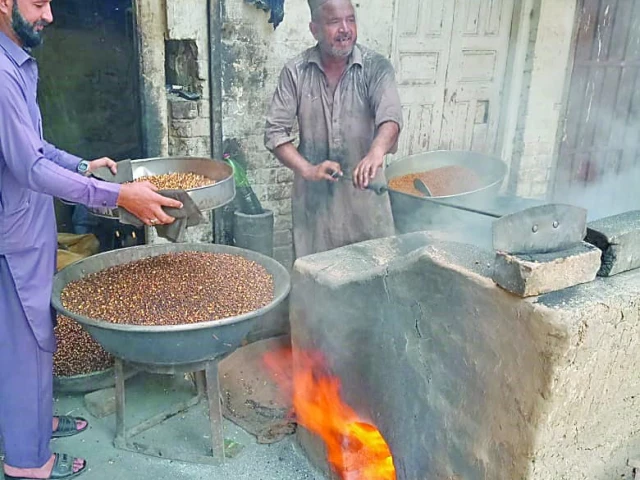 despite the international labour day holiday a worker continues his daily grind at a furnace roasting black chickpeas to support his family photo qaiser shirazi express