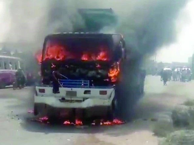 a water tanker burns after a mob set it on fire after it killed a woman and injured her husband on friday photo express a water tanker burns after a mob set it on fire after it killed a woman and injured her husband on friday photo express