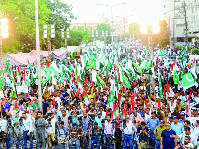 citizens from all walks of life unite against indian aggression during a rally organised by the mqm chanting slogans and waving the national flag in support of the armed forces photo jalal qureshi express