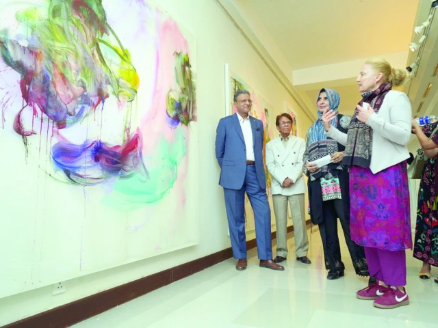 visitors admire german artist dagmar rauwald s vision expressed through bold strokes and skillful mastery in her paintings displayed at the intention vs convention fluid presence exhibition at the pnca in the federal capital photo express visitors admire german artist dagmar rauwald s vision expressed through bold strokes and skillful mastery in her paintings displayed at the intention vs convention fluid presence exhibition at the pnca in the federal capital photo express