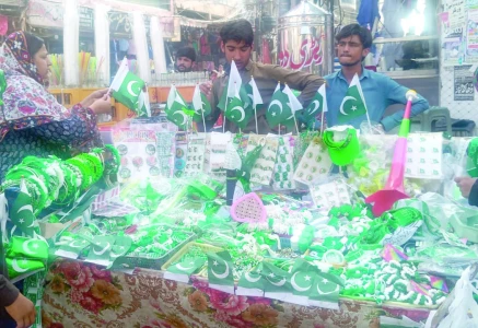 streets and markets in rawalpindi come alive with stalls selling patriotic flags apparel accessories and festive trinkets as independence day draws near photo express