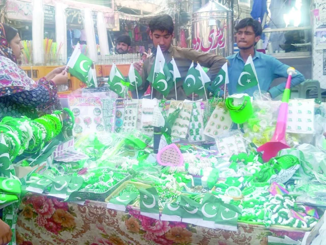 streets and markets in rawalpindi come alive with stalls selling patriotic flags apparel accessories and festive trinkets as independence day draws near photo express