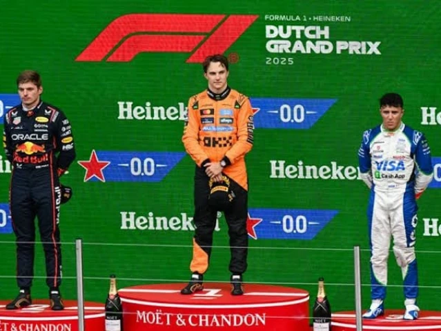 second placed red bull racing s dutch driver max verstappen winner mclaren s australian driver oscar piastri and third placed rb s french driver isack hadjar celebrate on the podium photo afp second placed red bull racing s dutch driver max verstappen winner mclaren s australian driver oscar piastri and third placed rb s french driver isack hadjar celebrate on the podium photo afp