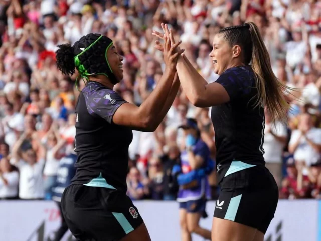 england s jess breach right and sadia kabeya after scoring her side s first try photo reuters england s jess breach right and sadia kabeya after scoring her side s first try photo reuters